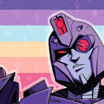 Shadow Striker in front of the she/he/they lesbian flag