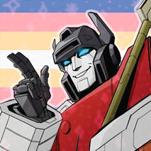 Sideswipe in front of the she/they bisexual pride flag