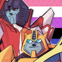 Bumblebee and Starscream in front of the genderfluid flag