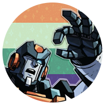 Roller in front of the he/it pronouns pride flag